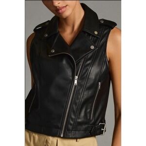 Anthropologie Black Faux Leather Moto Vest Sleeveless Jacket City Girl Small NEW